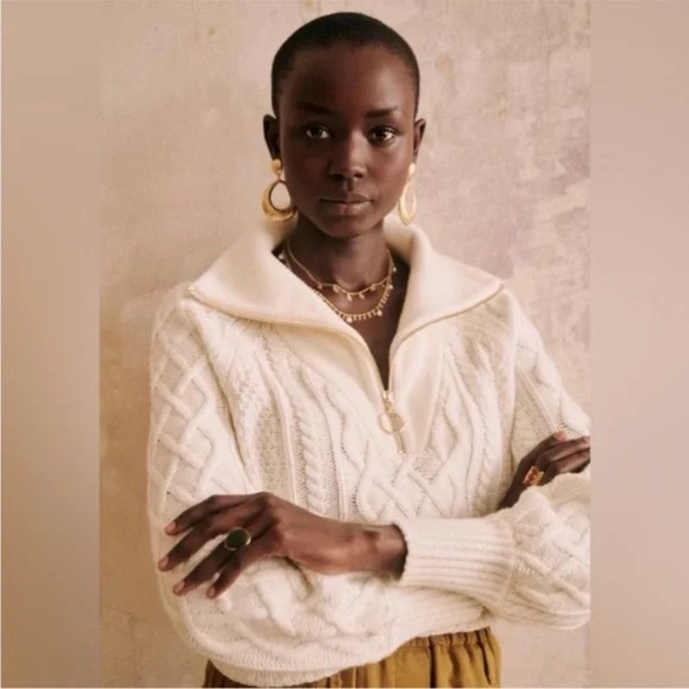 Sezane Romeo cable knit sweater cream size Medium merino wool blend